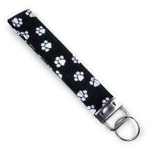 Keychain | Keyfob | Lanyard Wristlet - Black With White Paw Prints